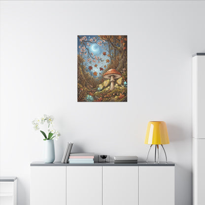 Autumn Cherry Blossom Mushroom Illustration Canvas Art | Enchanting Decor