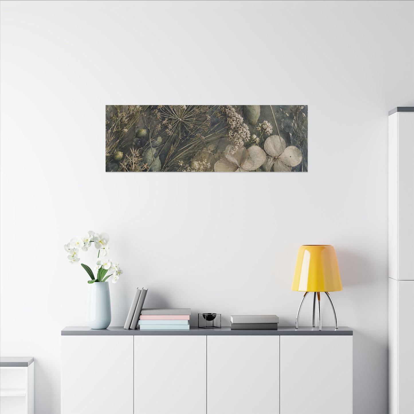 Japandi Dried Flowers in Moonlight | Watercolor Canvas Art