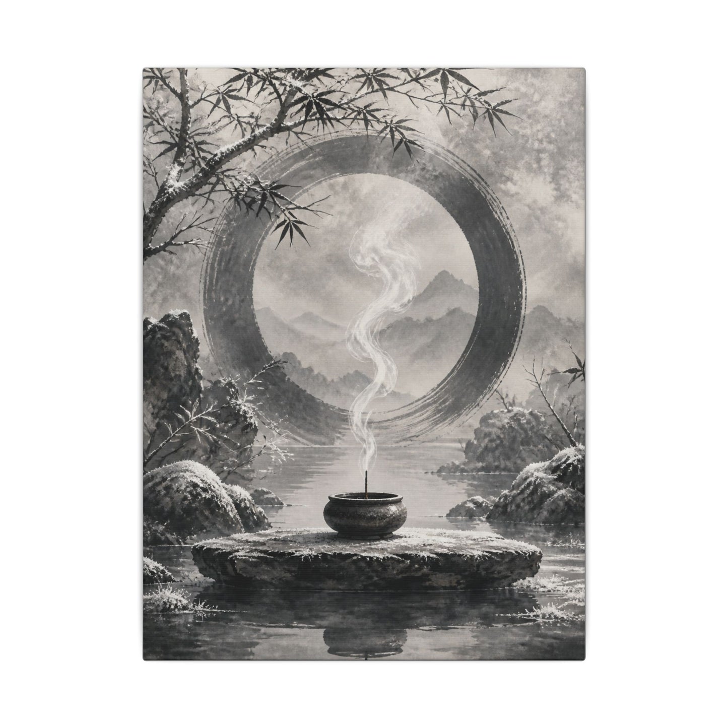 Incense Smoke Canvas Art | Winter Zen Sumi E Art