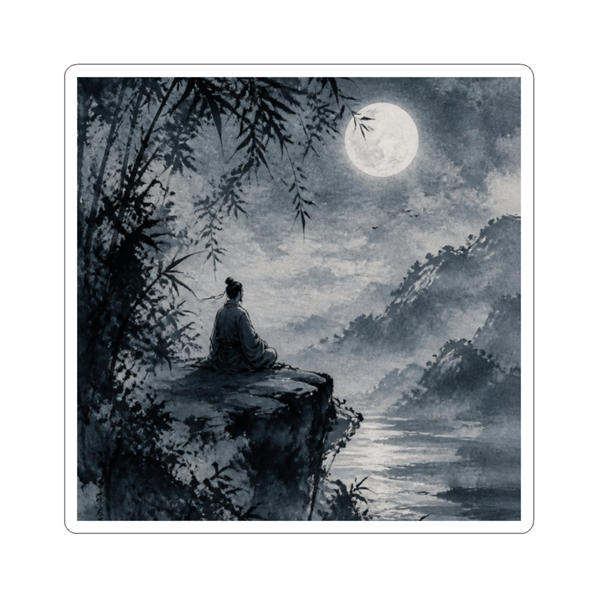 Zen Ink Brushstroke in Moonlight | Sumi E Sticker