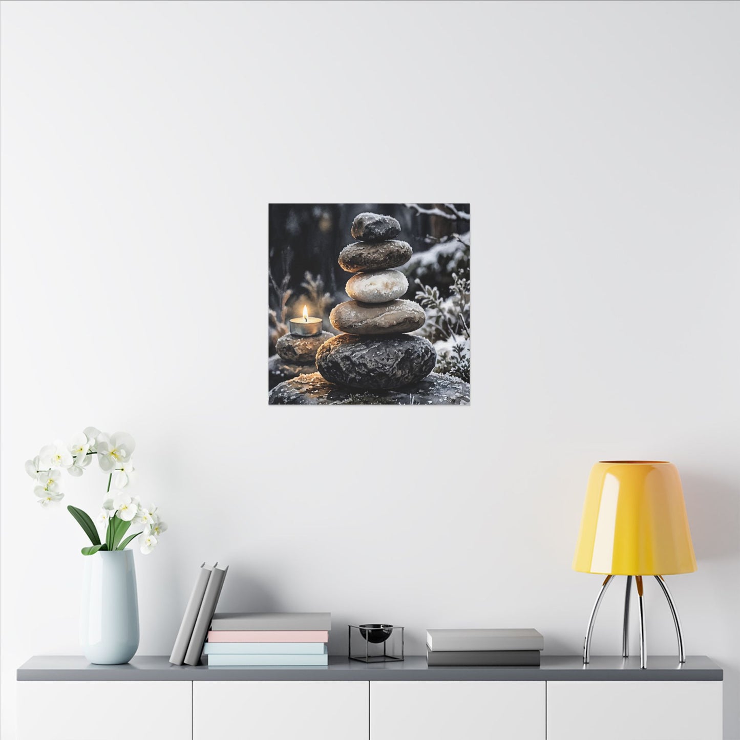 River Stones Canvas Art | Winter Japandi Watercolor Art