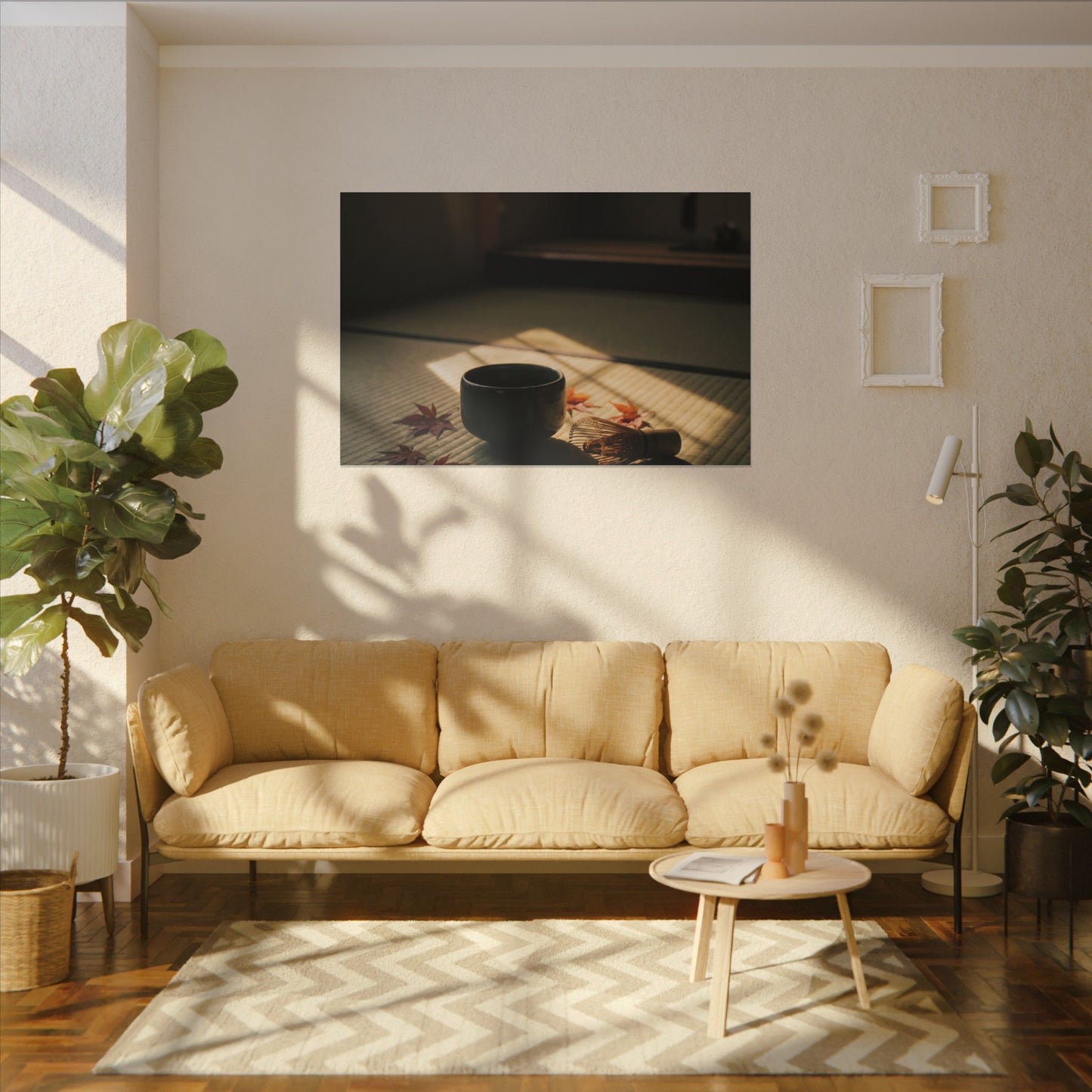 Dark Japandi Tea Ceremony in Golden Hour | Moody Minimal Canvas Art