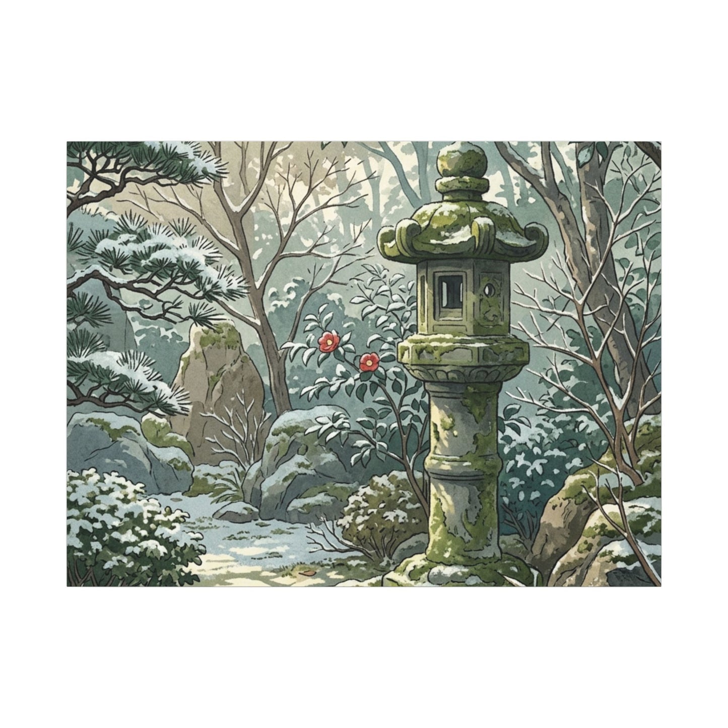 Stone Lantern Winter Canvas Art | Japandi Warm Design