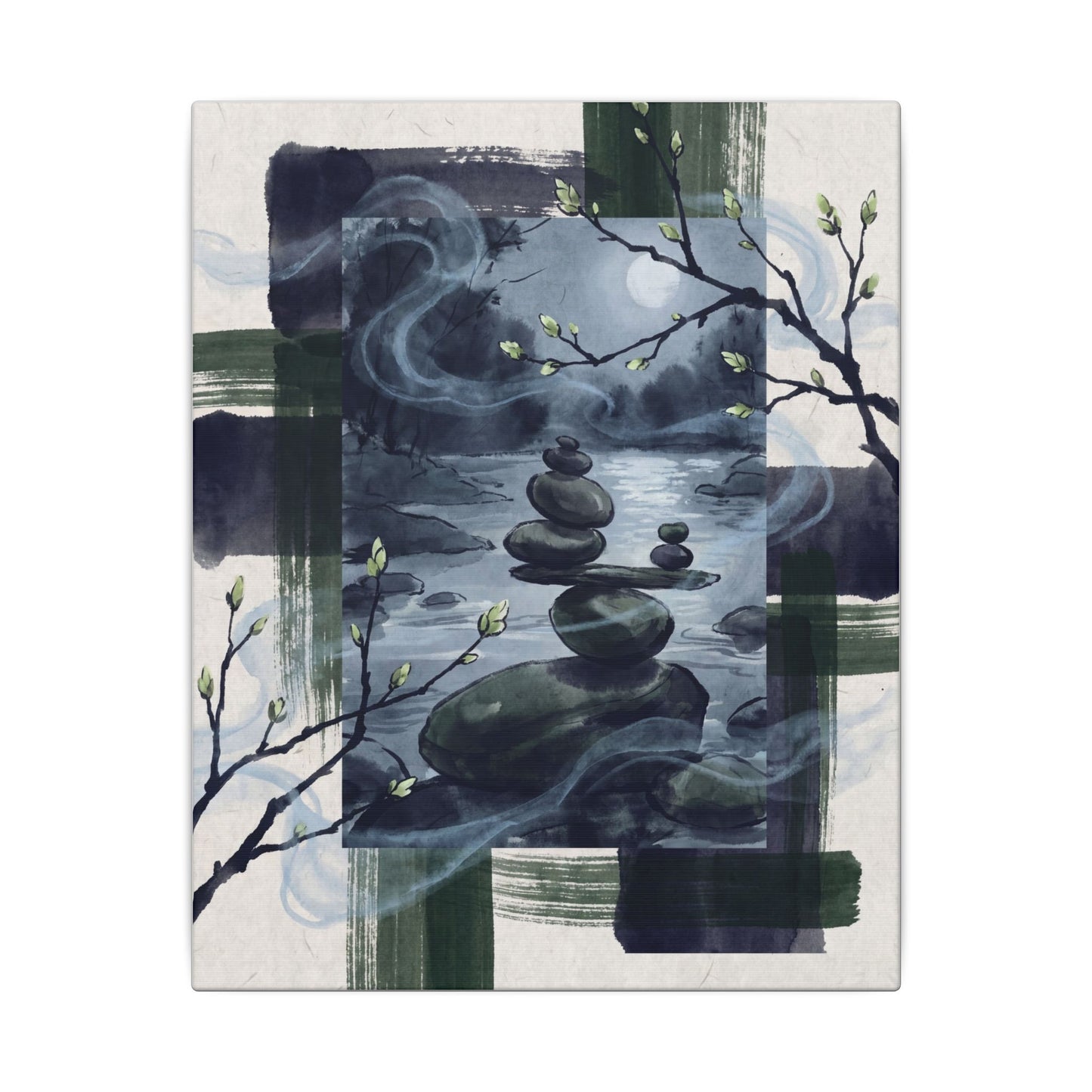 Moonlight River Stones Canvas Art - Zen Shibui
