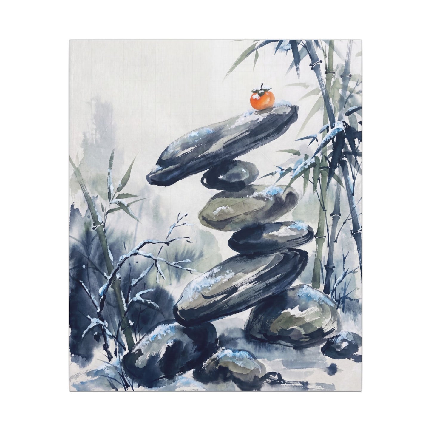 Zen River Stones in Moonlight | Sumi E Canvas Art