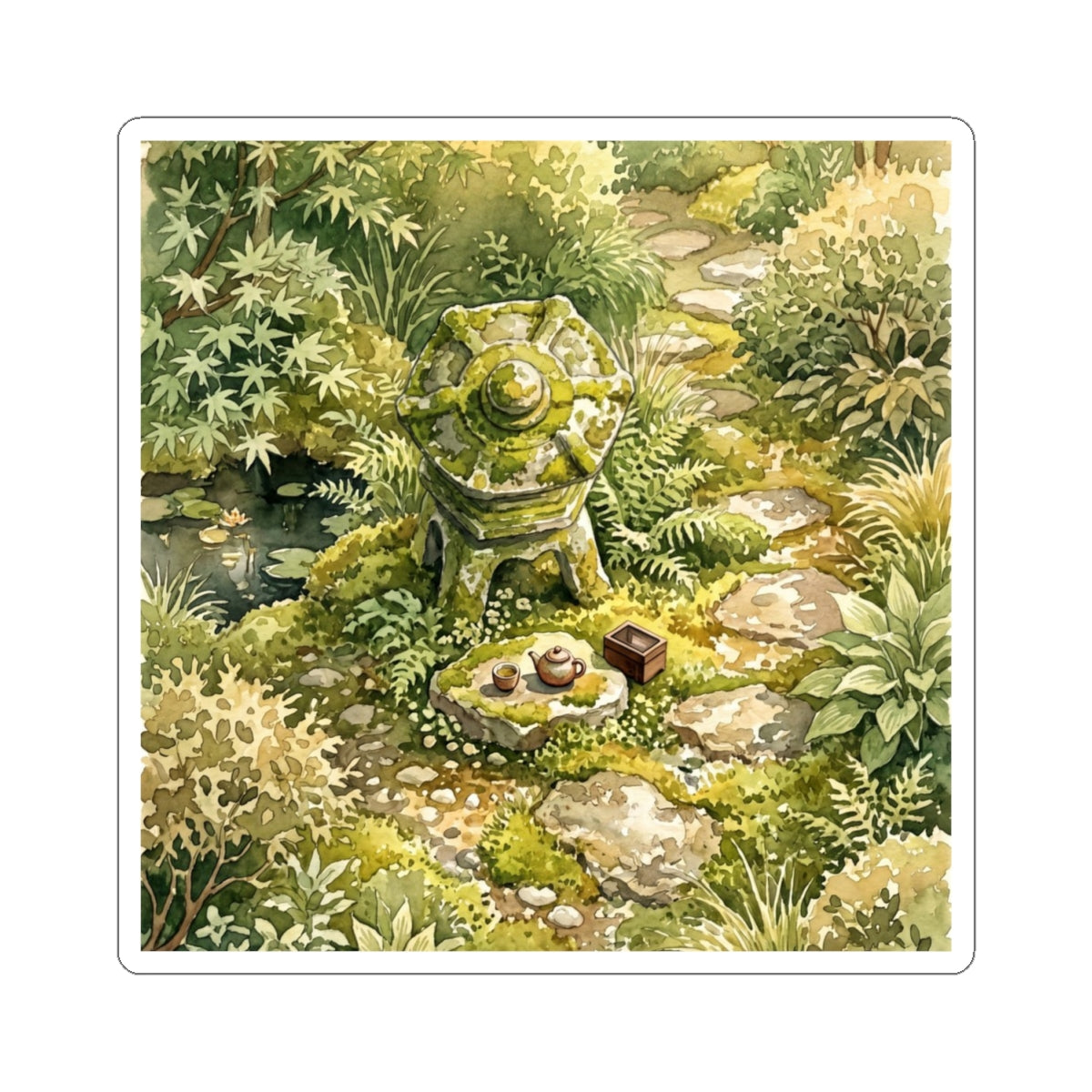 Stone Lantern Watercolor Sticker | Neutral Japandi Art