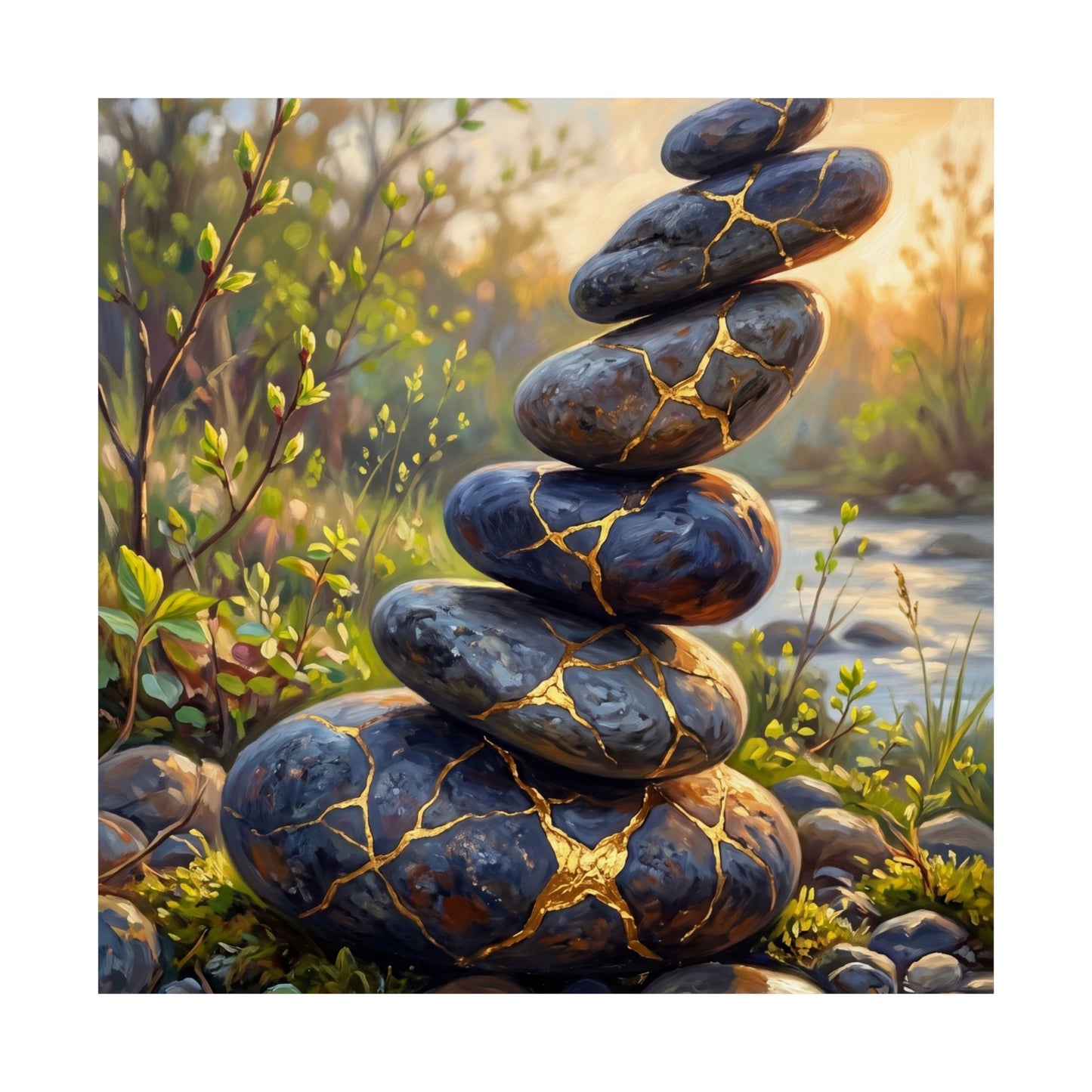 River Stones Wall Art Print | Spring Kintsugi Gold Repair Art