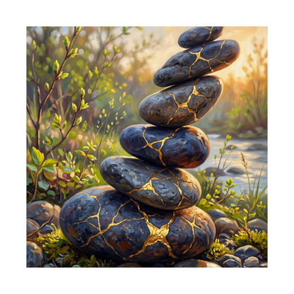 River Stones Wall Art Print | Spring Kintsugi Gold Repair Art