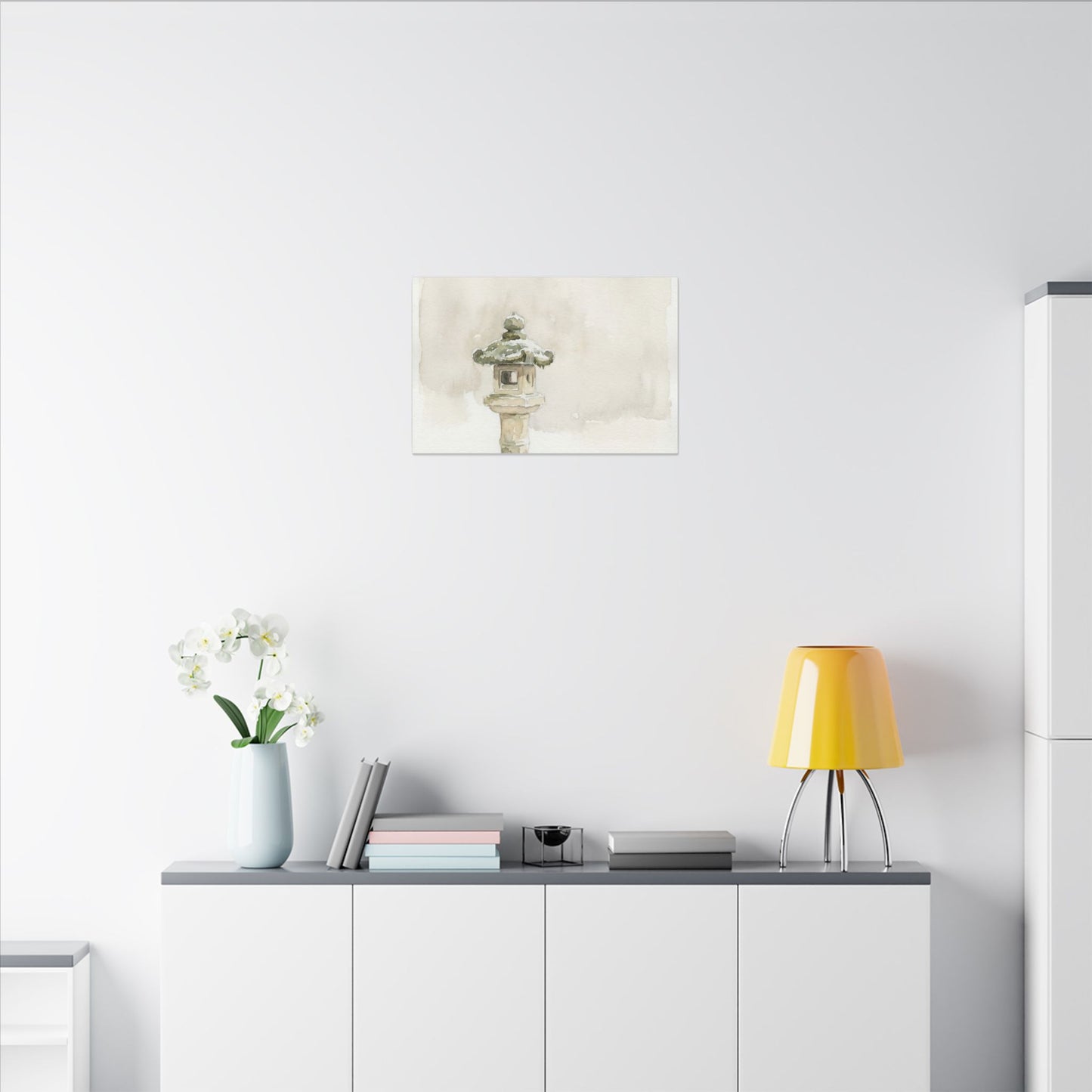 Stone Lantern Winter Canvas Art | Japandi Earthy Design