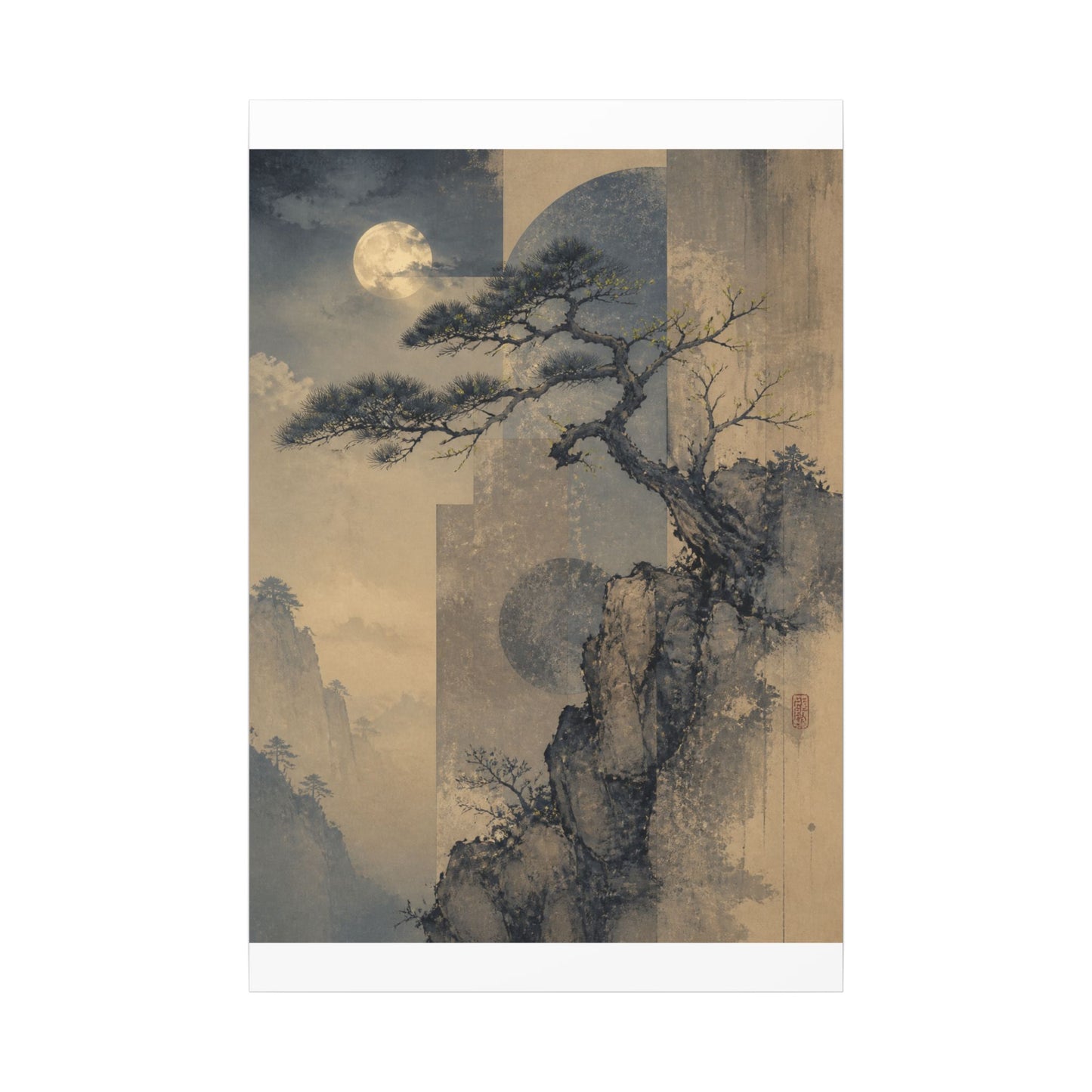 Japandi Pine Tree in Moonlight | Japanese Pattern Canvas Art