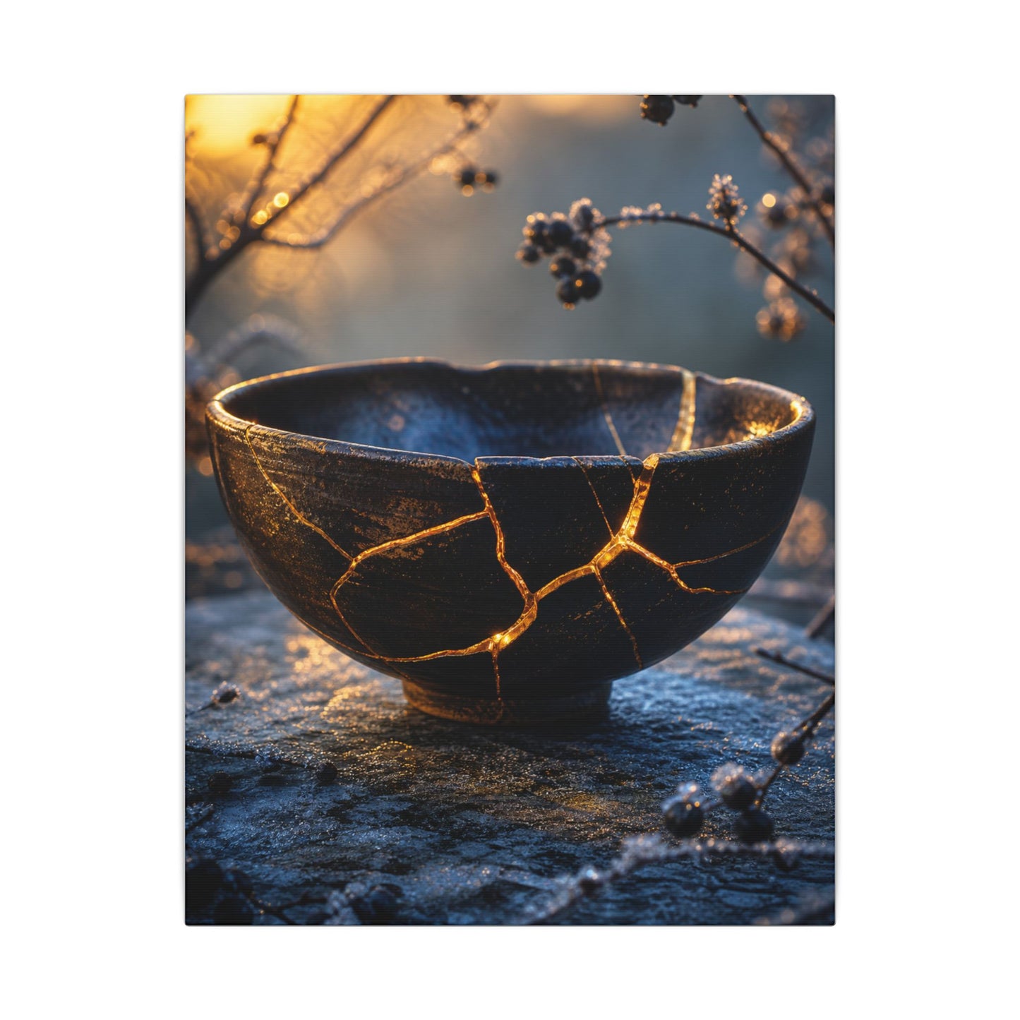 Ceramic Bowl Canvas Art | Winter Kintsugi Gold Repair Art