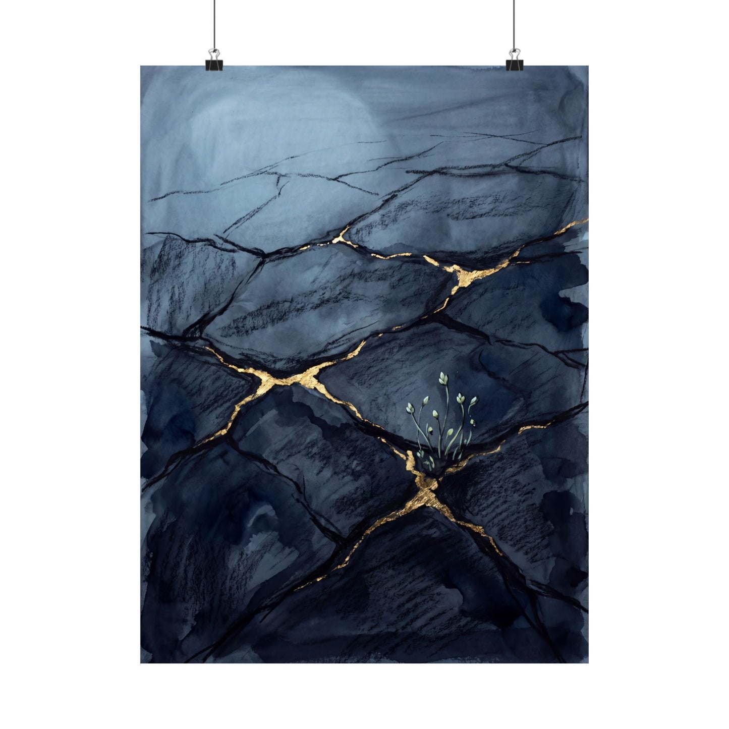 Mono No Aware Cracked Earth Wall Art Print - Dark Japandi Charcoal Ink Art Print