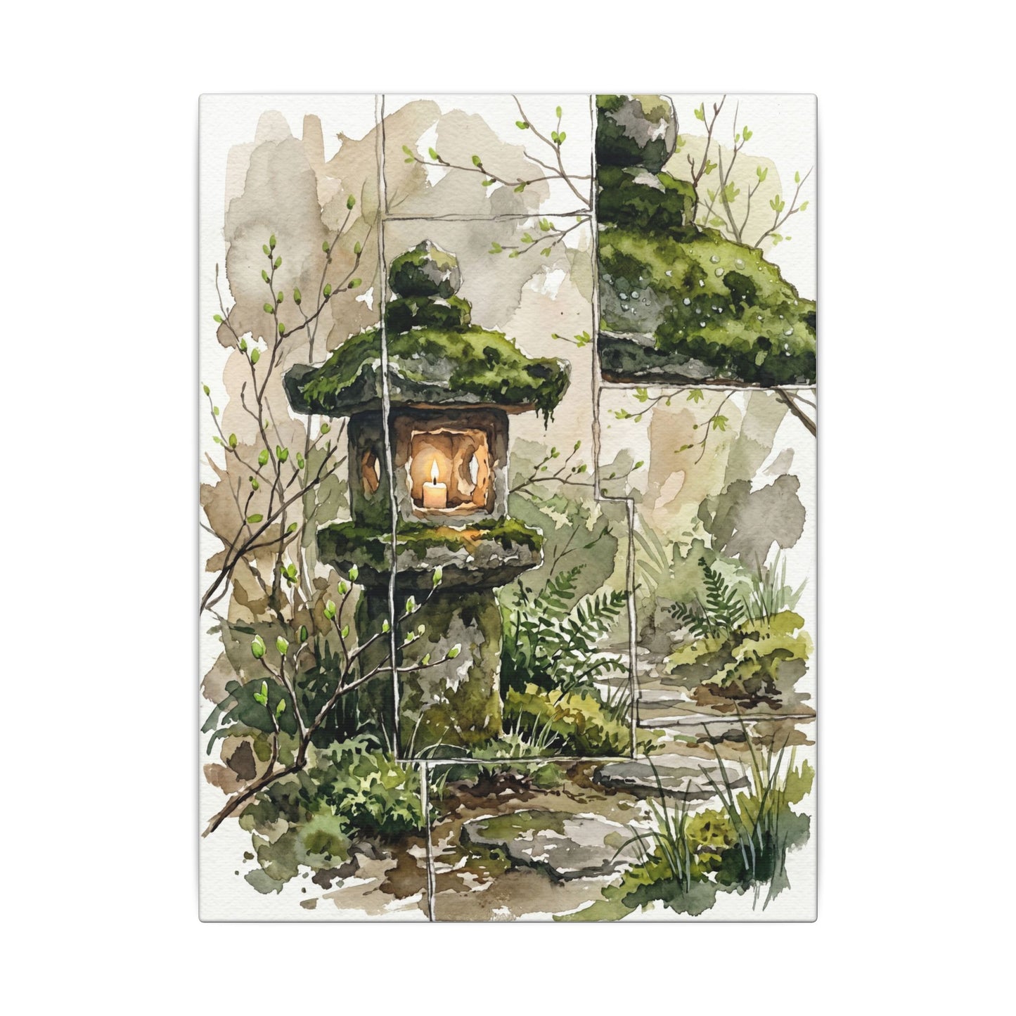 Stone Lantern Watercolor Canvas Art | Elegant Japandi Art