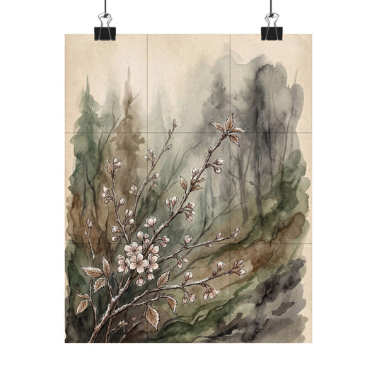 Cherry Blossom Forest Whimsy Wall Art Print | Rustic Cottagecore Art Art Print