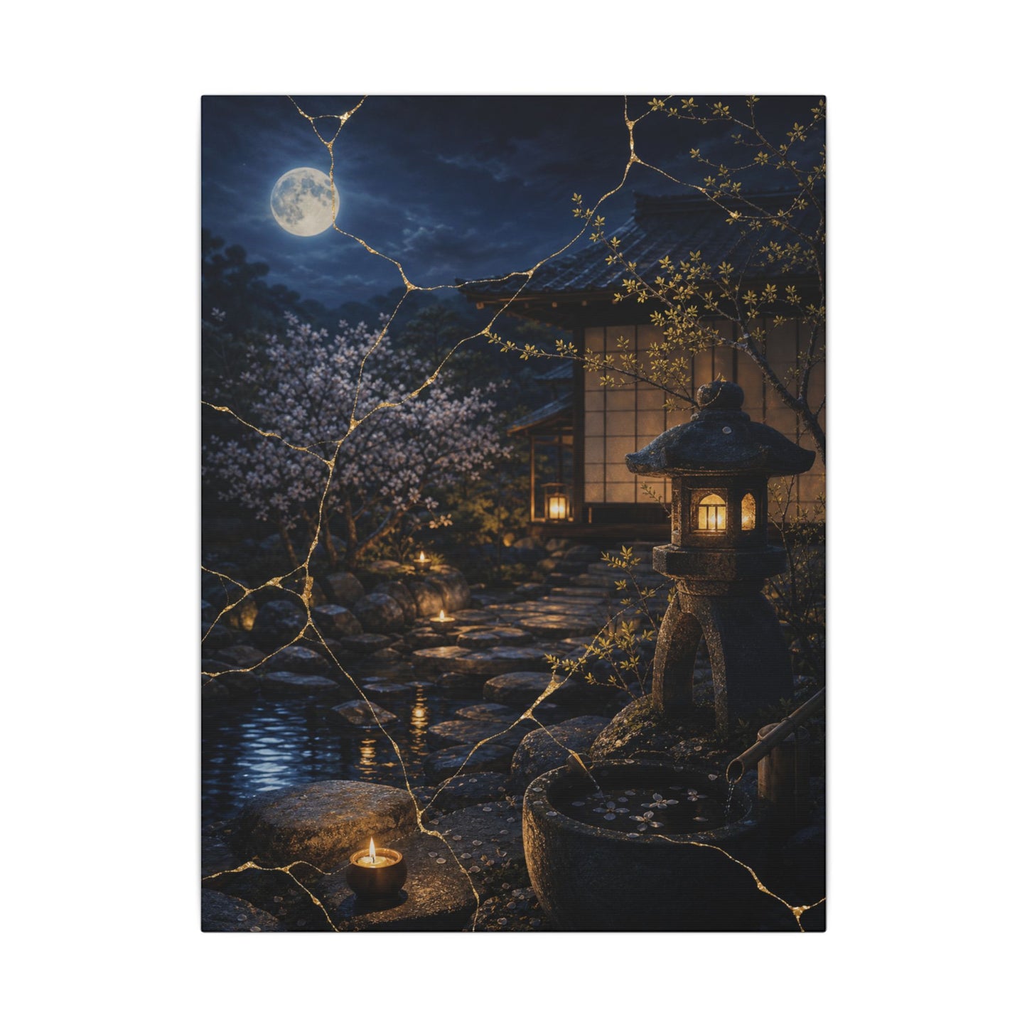 Seijaku Moonlit Garden Canvas Art - Kintsugi Gold Vein