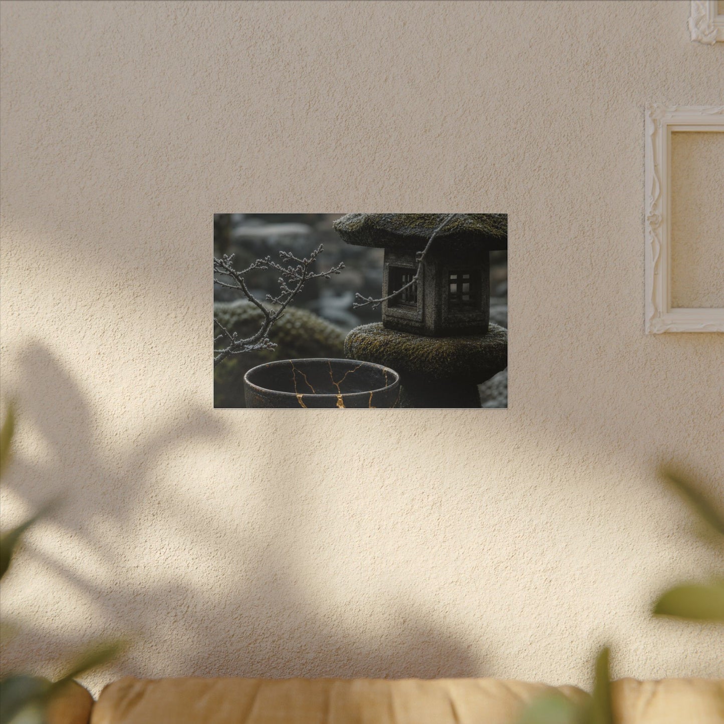 Stone Lantern Canvas Art | Winter Kintsugi Gold Repair Art