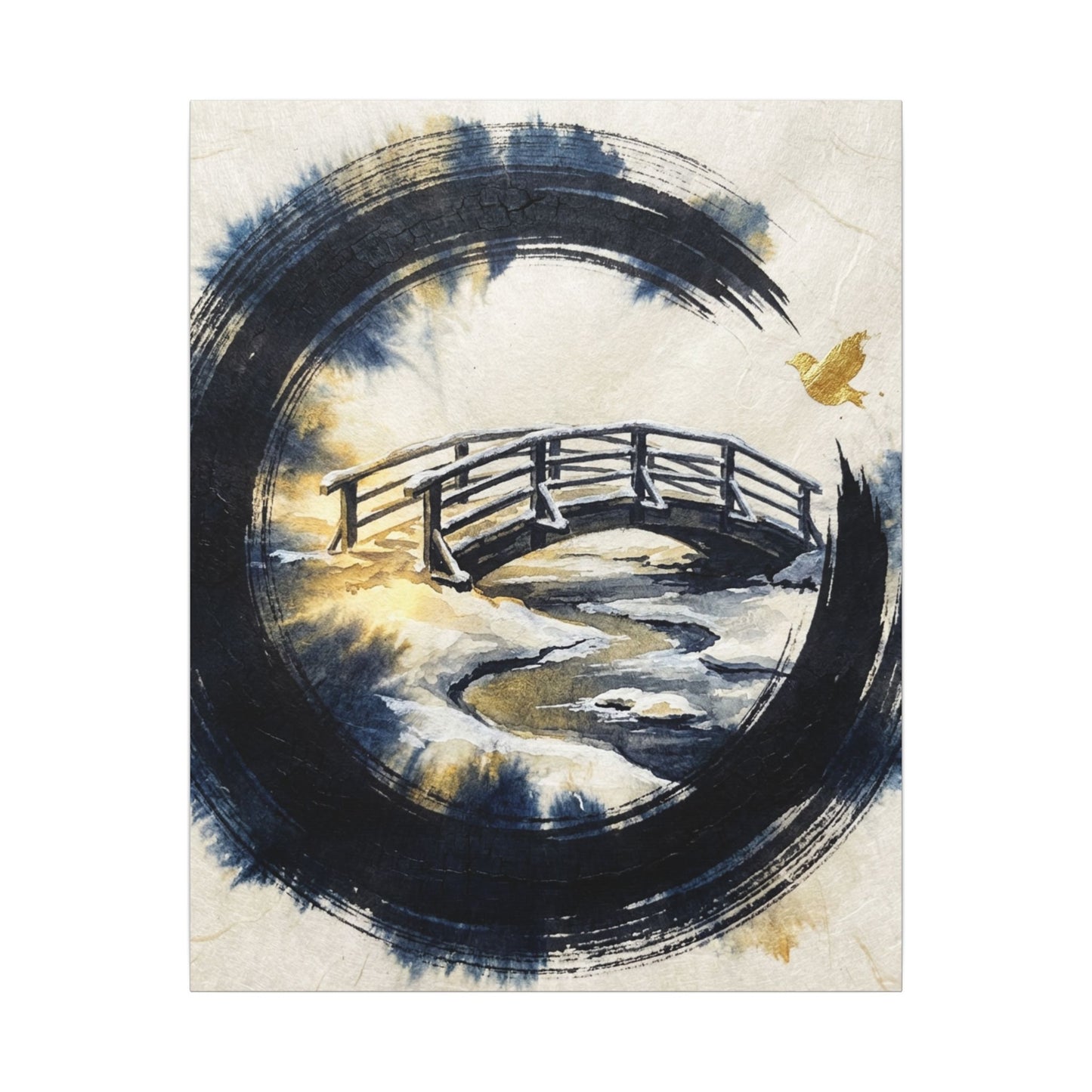 Winter Wooden Bridge Enso Canvas Art | Serene Decor