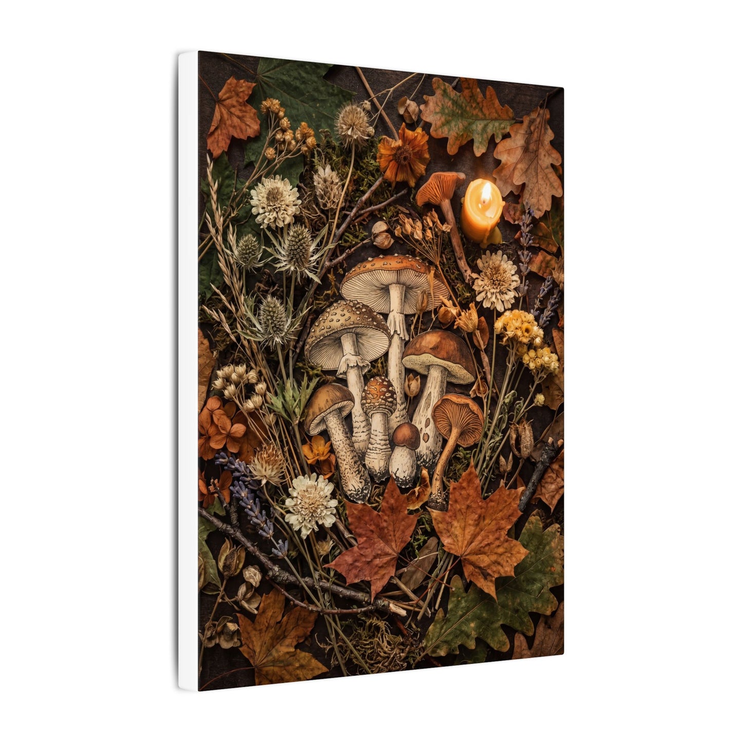 Autumn Dried Flowers Mushroom Illustration Canvas Art | Earthy Decor