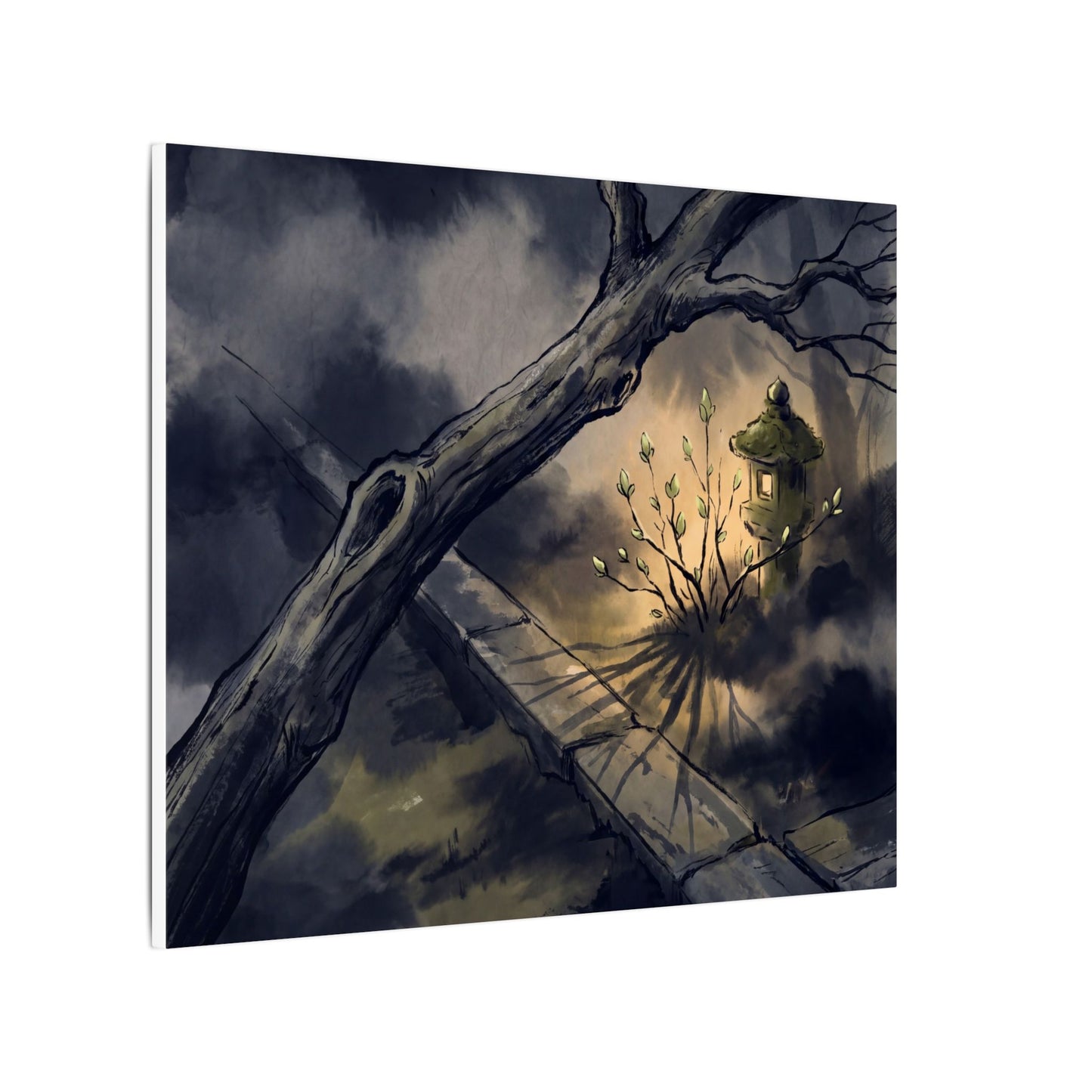 Dark Japandi Moonlit Garden in Golden Hour | Charcoal Ink Canvas Art