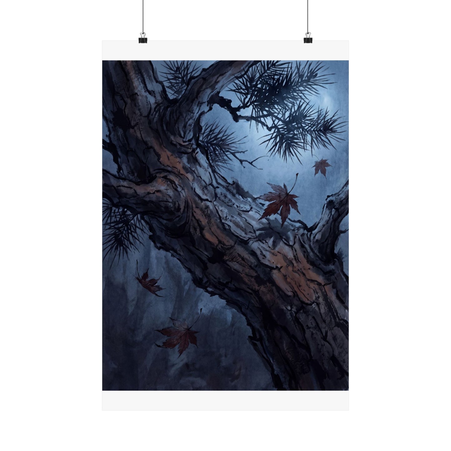 Kanso Pine Tree Wall Art Print - Dark Japandi Shadow Zen