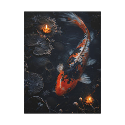 Koi Pond Canvas Art | Winter Dark Japandi Shadow Zen Art