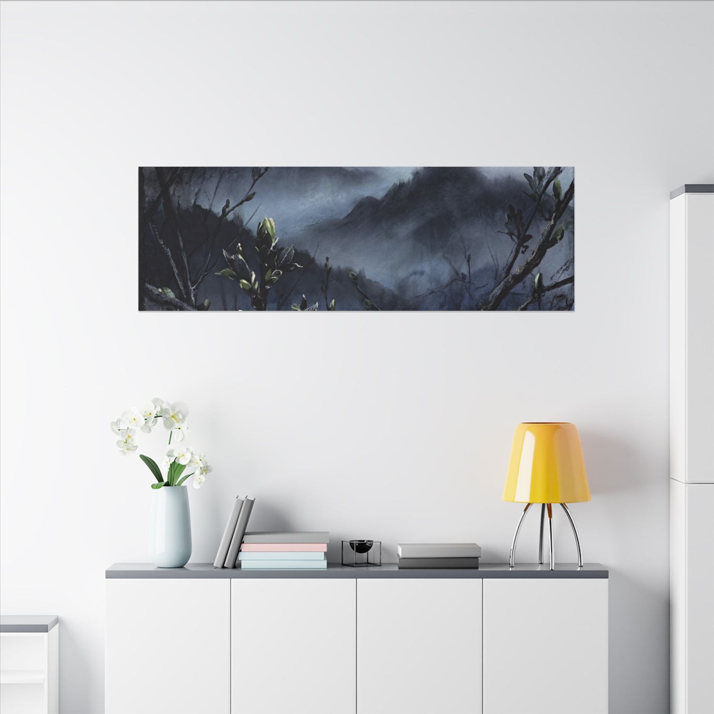 Mountain Mist Spring Canvas Art | Dark Japandi Atmospheric Design