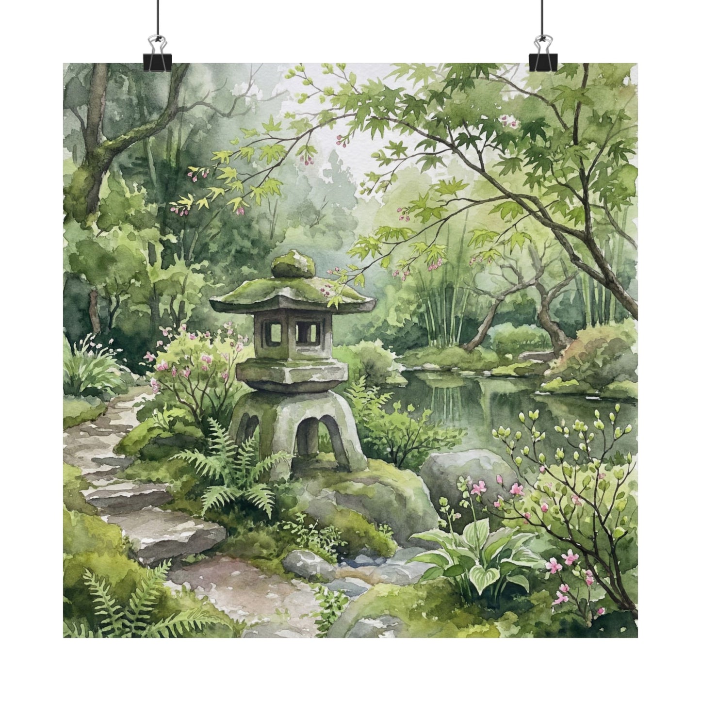 Stone Lantern Spring Wall Art Print | Japandi Elegant Design