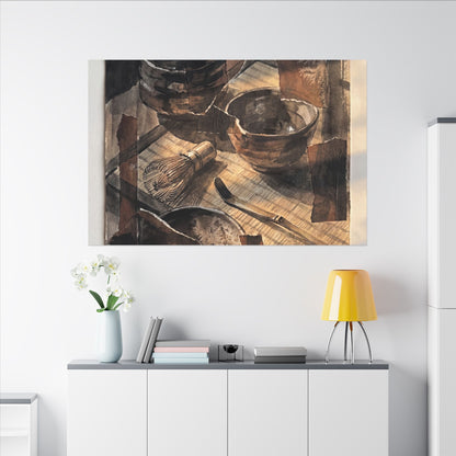Tea Ceremony Charcoal Ink Canvas Art | Luxurious Dark Japandi Art
