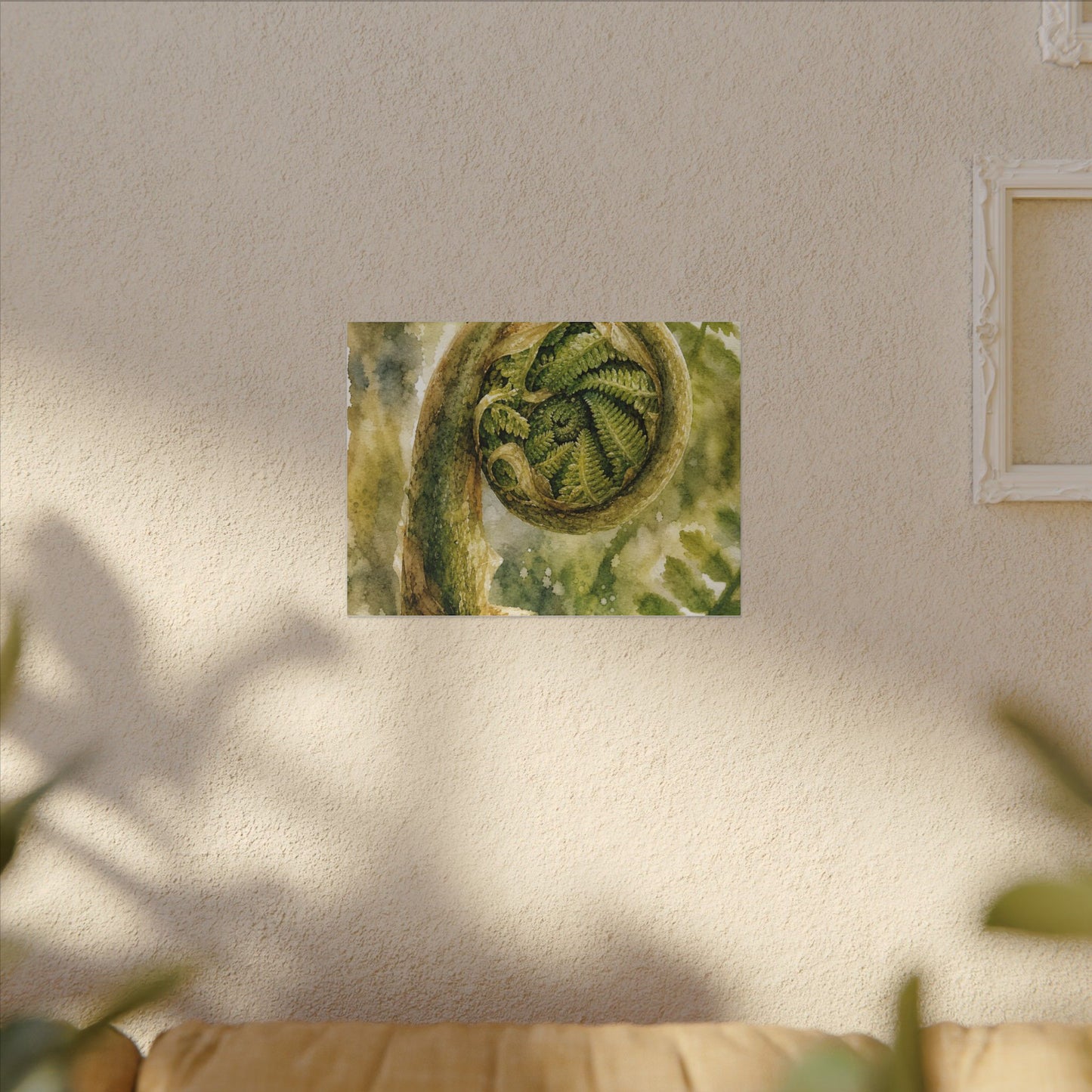 Japandi Fern Unfurling in Dappled | Watercolor Canvas Art