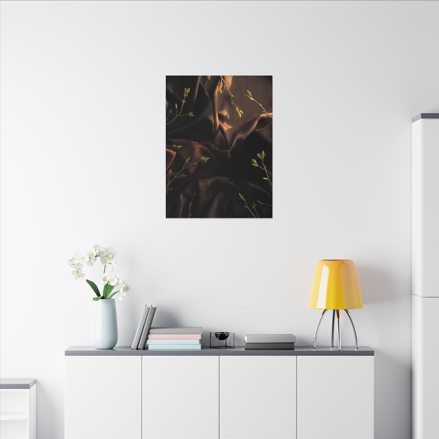 Dark Japandi Silk Drape in Golden Hour | Moody Minimal Canvas Art