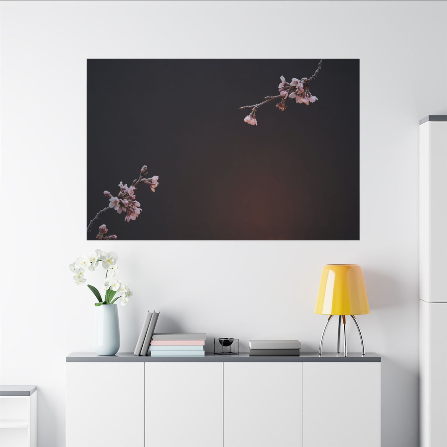 Dark Japandi Cherry Blossom in Candlelight | Moody Minimal Canvas Art
