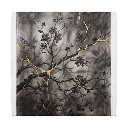 Kanso Cherry Blossom Canvas Art - Kintsugi Crackle Gold