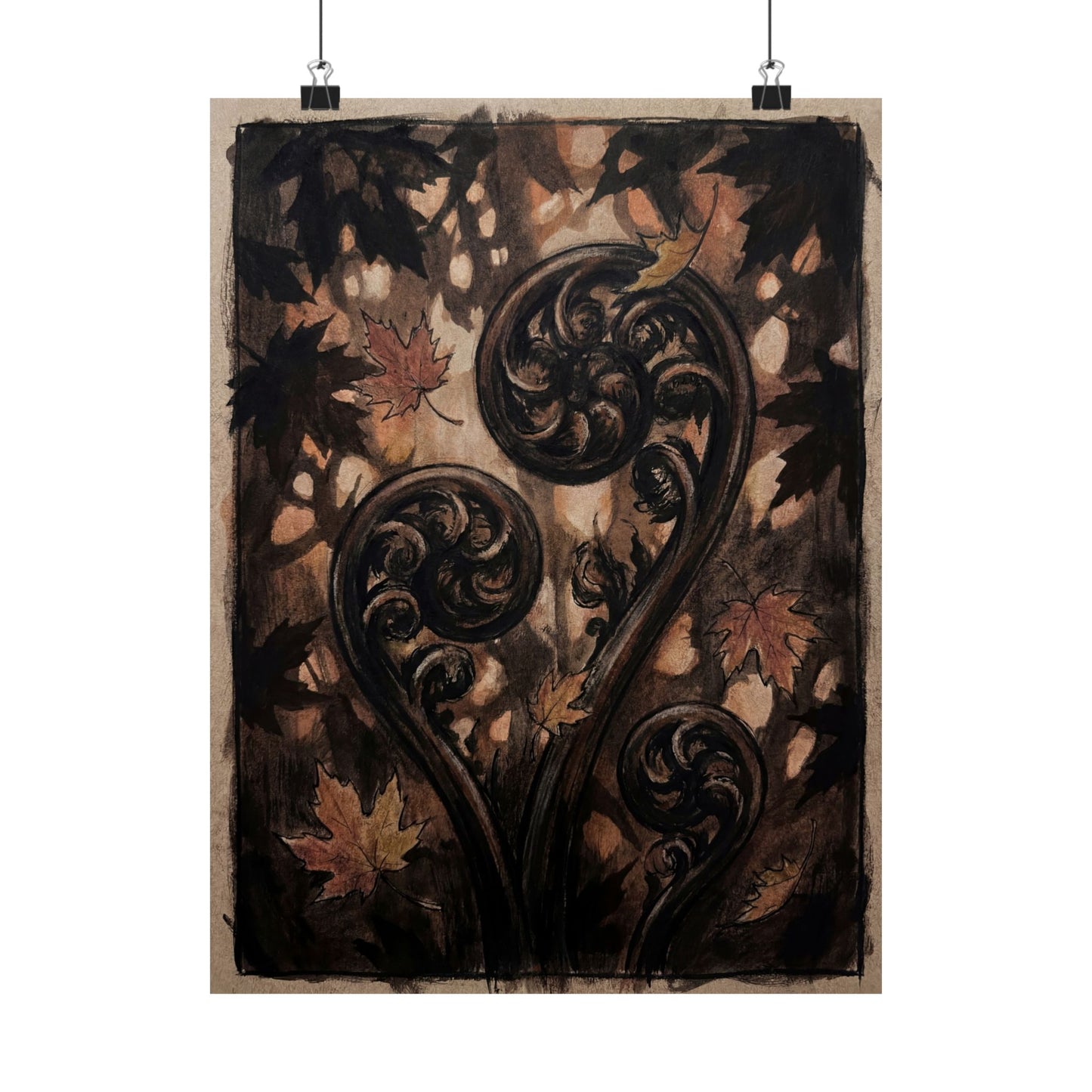 Fern Unfurling Autumn Wall Art Print | Dark Japandi Sophisticated Design Art Print
