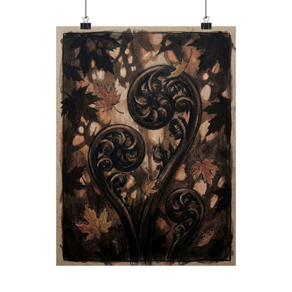 Fern Unfurling Autumn Wall Art Print | Dark Japandi Sophisticated Design Art Print