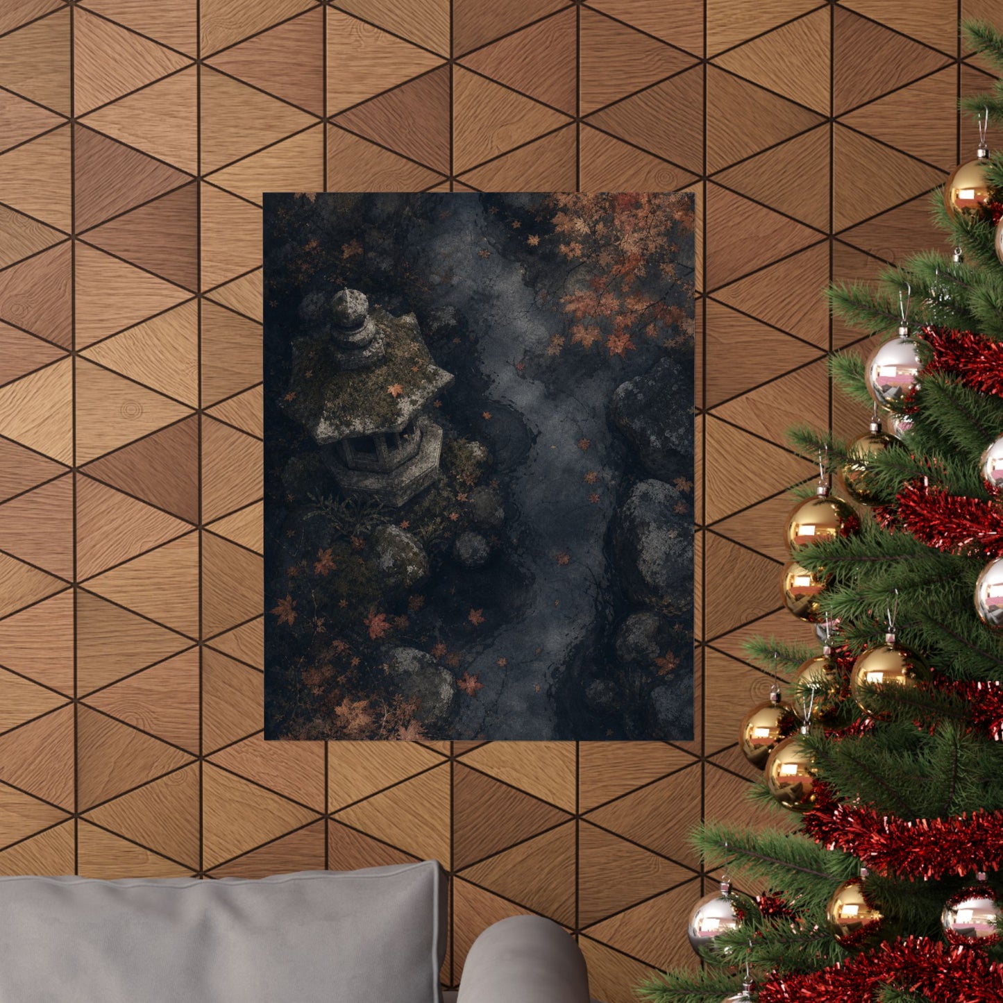 Japandi Stone Lantern in Moonlight | Texture Wall Art Print