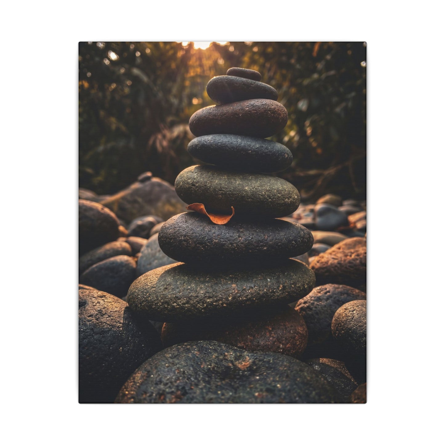 Dark Japandi River Stones in Golden Hour | Moody Minimal Canvas Art