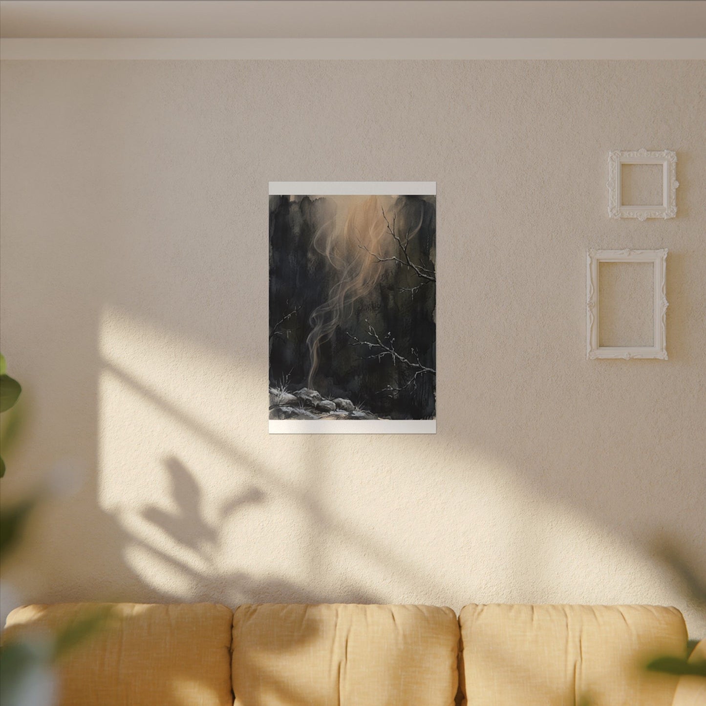Incense Smoke Winter Canvas Art | Dark Japandi Moody Design