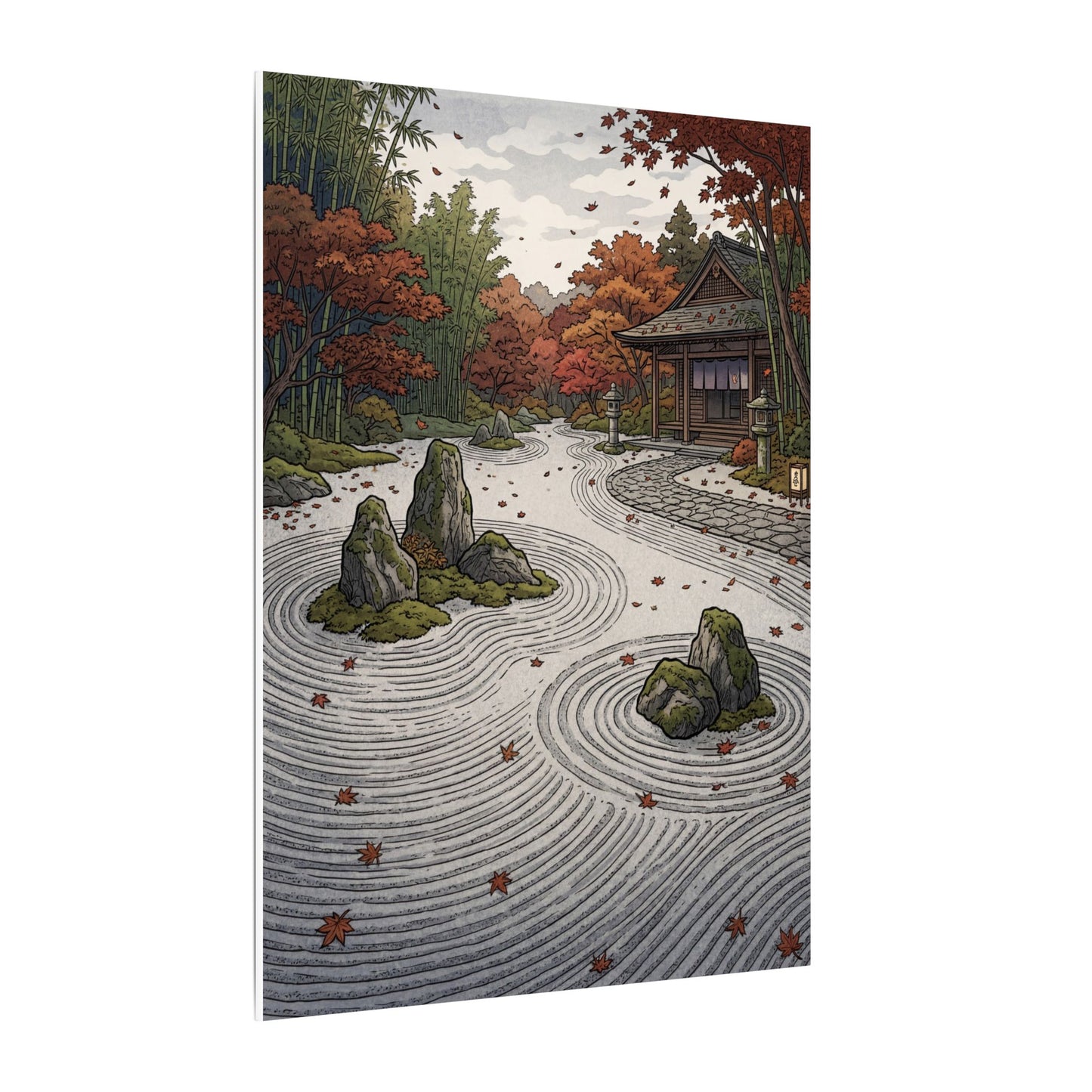Autumn Rock Garden Ukiyo E Inspired Canvas Art | Peaceful Decor