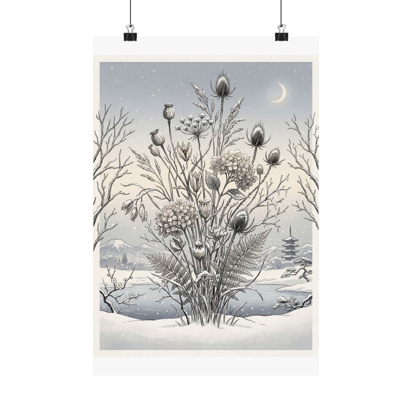 Zen Dried Flowers in Dawn | Ukiyo E Inspired Wall Art Print