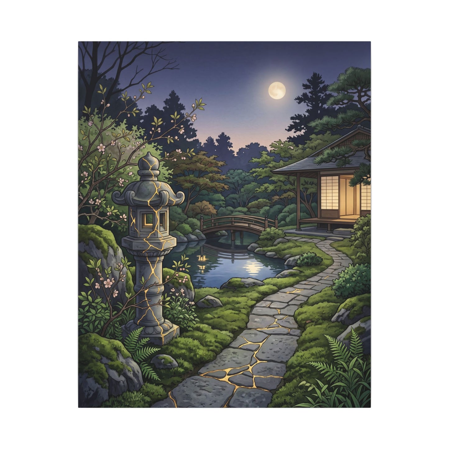 Spring Moonlit Garden Gold Vein Canvas Art | Resilient Decor