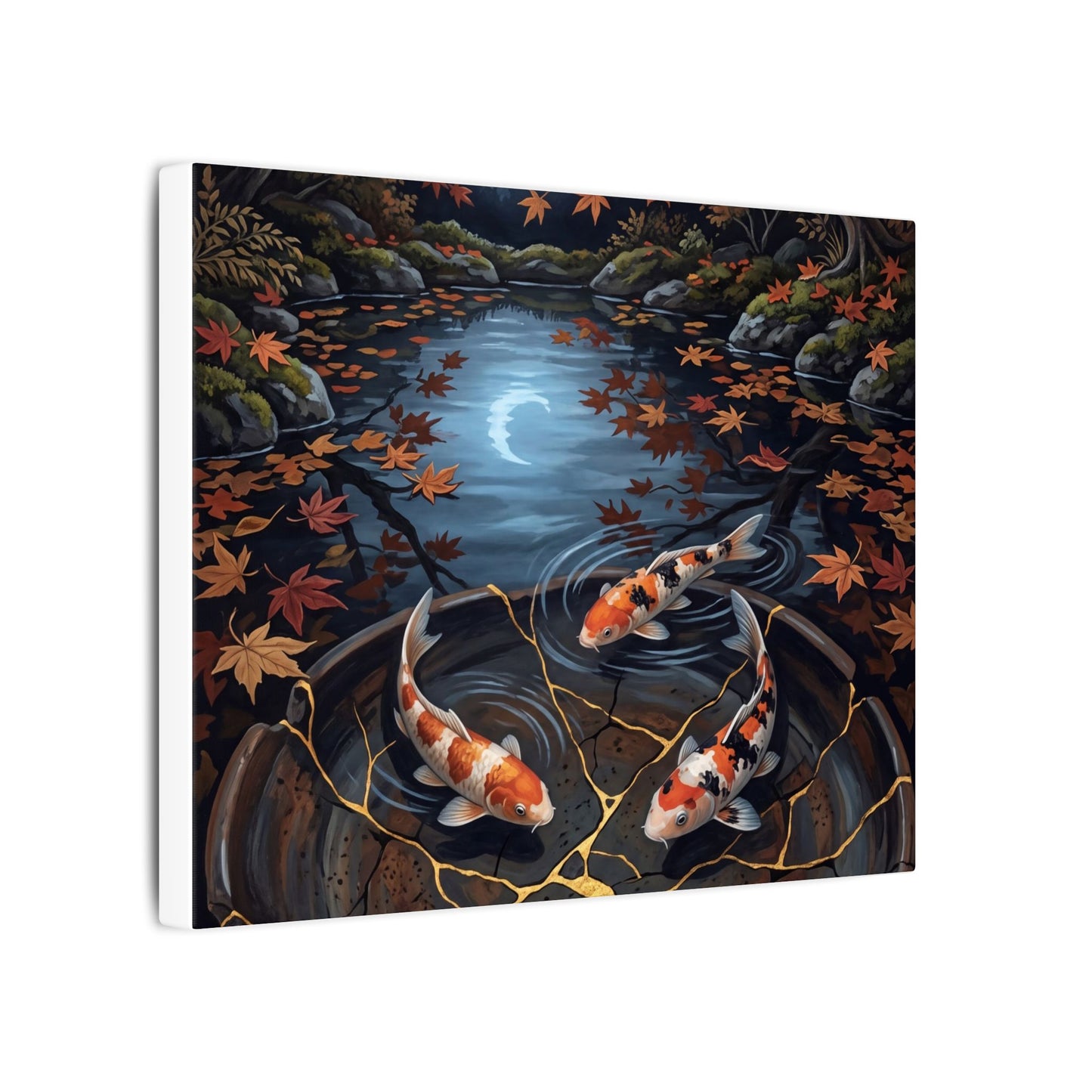 Koi Pond Canvas Art | Autumn Kintsugi Gold Repair Art