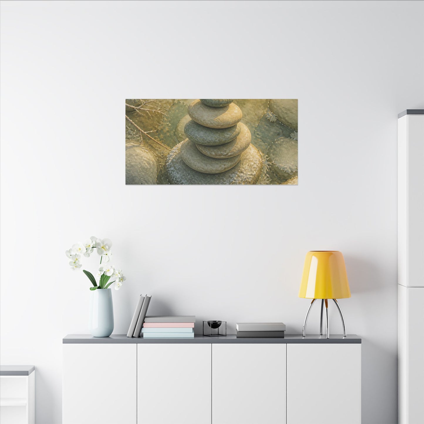 River Stones Watercolor Canvas Art | Elegant Japandi Art