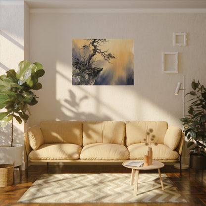 Zen Pine Tree in Golden Hour | Sumi E Canvas Art