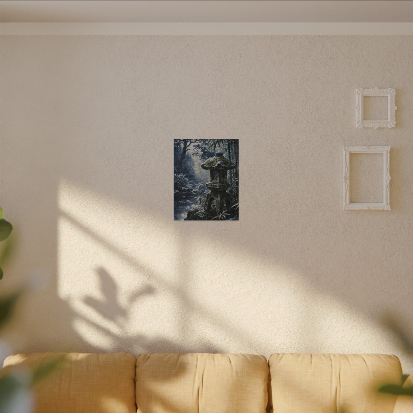 Zen Stone Lantern in Dappled | Sumi E Canvas Art