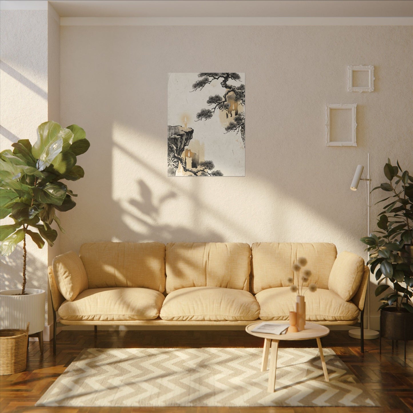 Japandi Pine Tree in Candlelight | Japanese Pattern Canvas Art