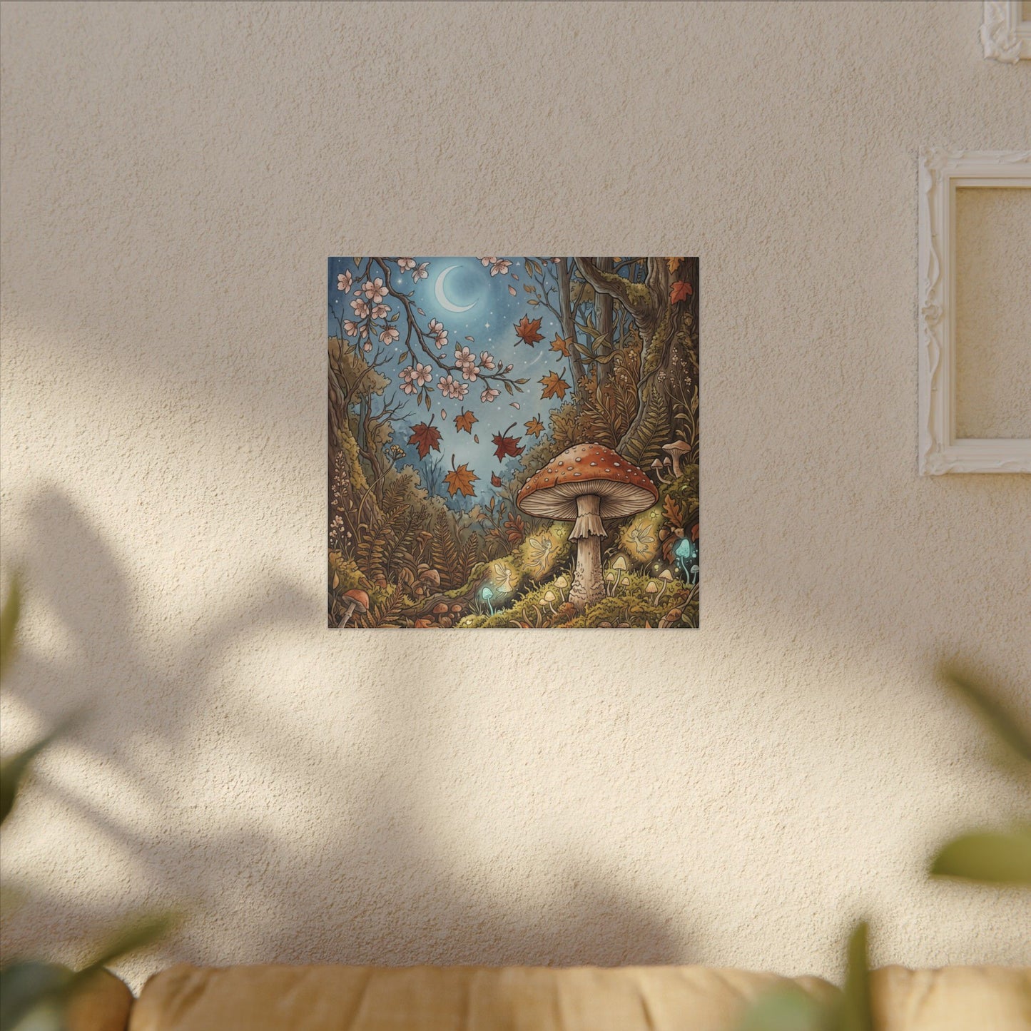Autumn Cherry Blossom Mushroom Illustration Canvas Art | Enchanting Decor