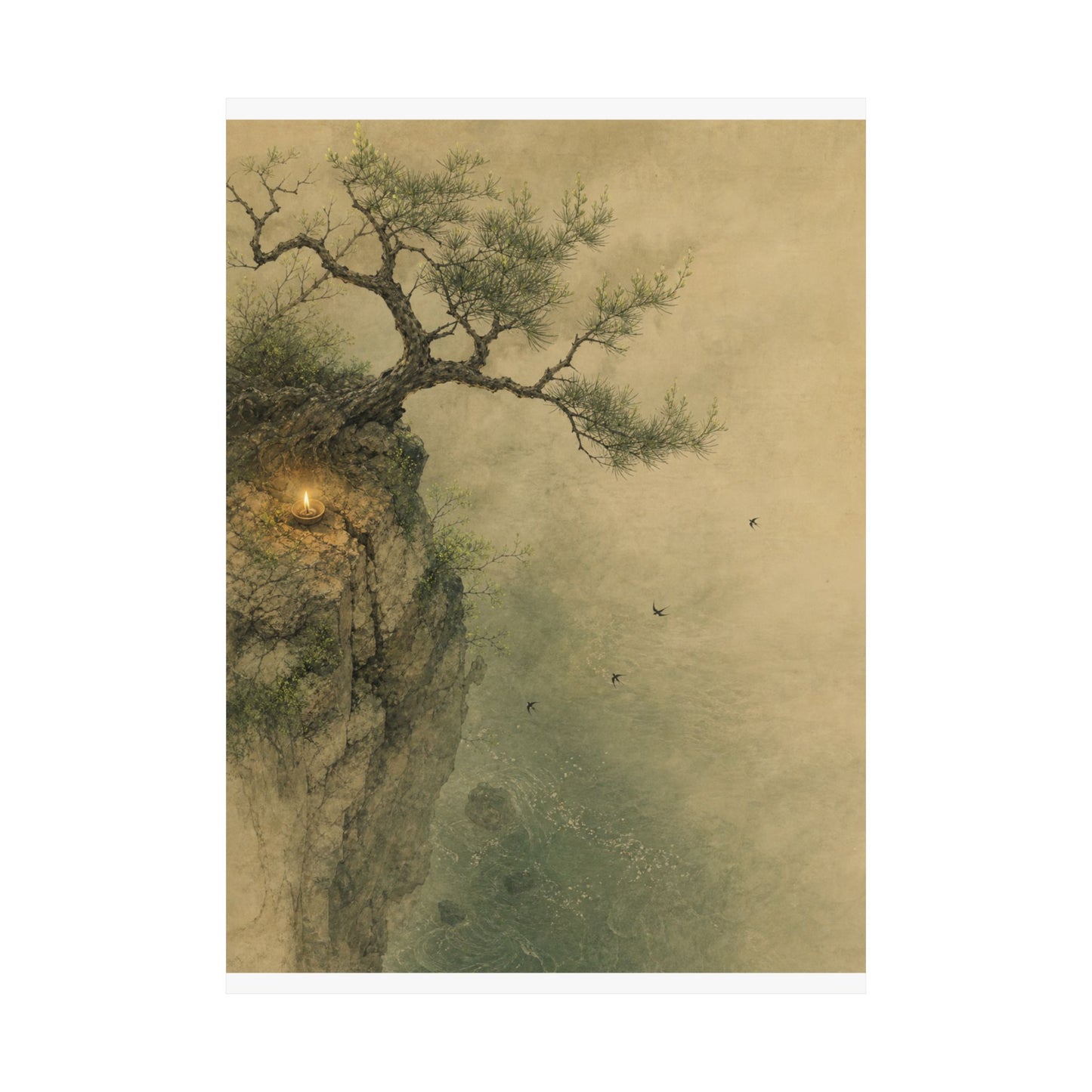 Japandi Pine Tree in Candlelight | Minimal Line Wall Art Print