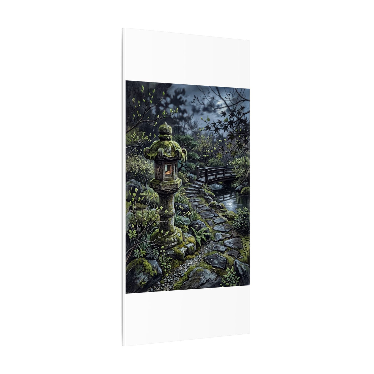 Japandi Stone Lantern in Moonlight | Texture Canvas Art