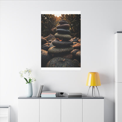 Dark Japandi River Stones in Golden Hour | Moody Minimal Canvas Art