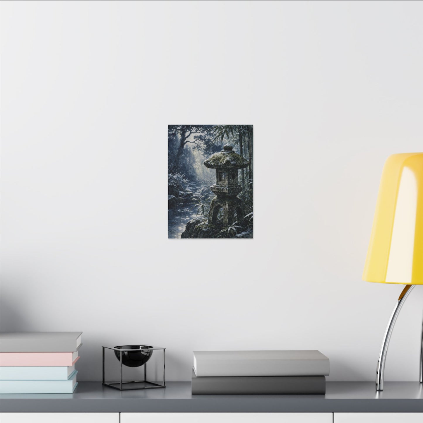 Zen Stone Lantern in Dappled | Sumi E Canvas Art